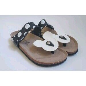 NWOT Ladies Atrungz Black/White Polka Dot Mickey Mouse Leather Sandals Size 6.5
